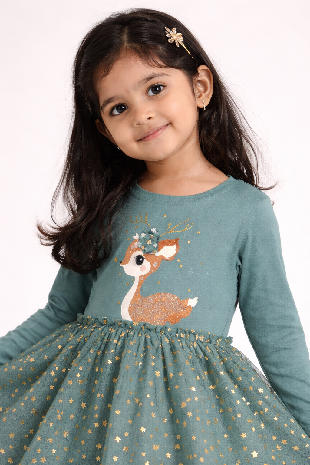 Girls Green Party Wear Frock Dress with Net Skirt