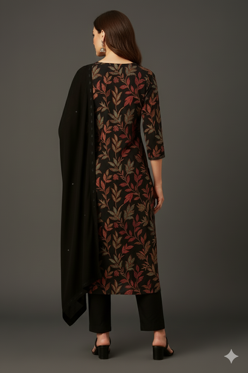 Women's Elegant Black Floral Printed Kurta Set (SKD) with Dupatta | Ethnic Party & Festive Wear