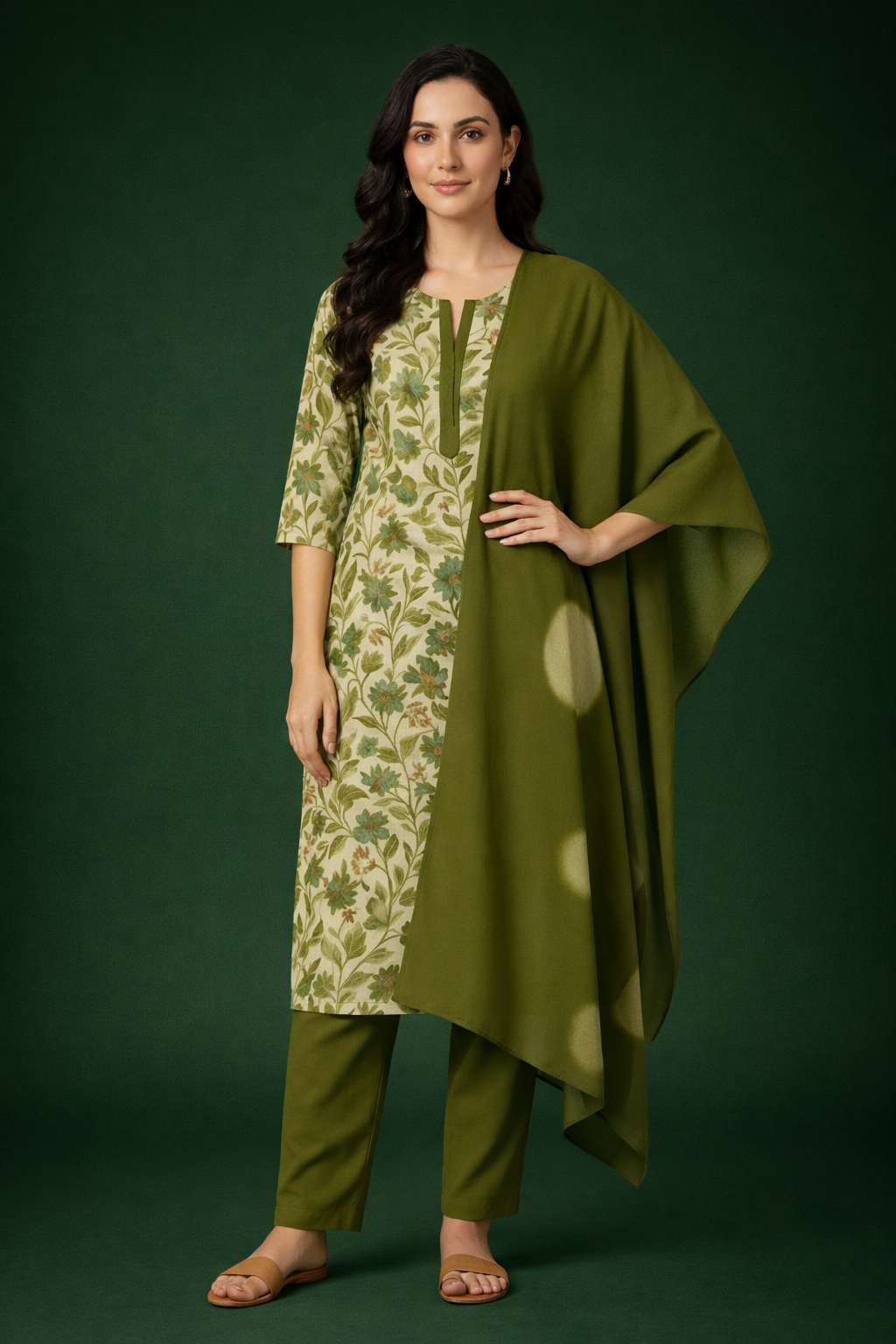 Women's Green Floral Printed Muslin Cotton Kurta Set with Asymmetric Kaftan Style Dupatta