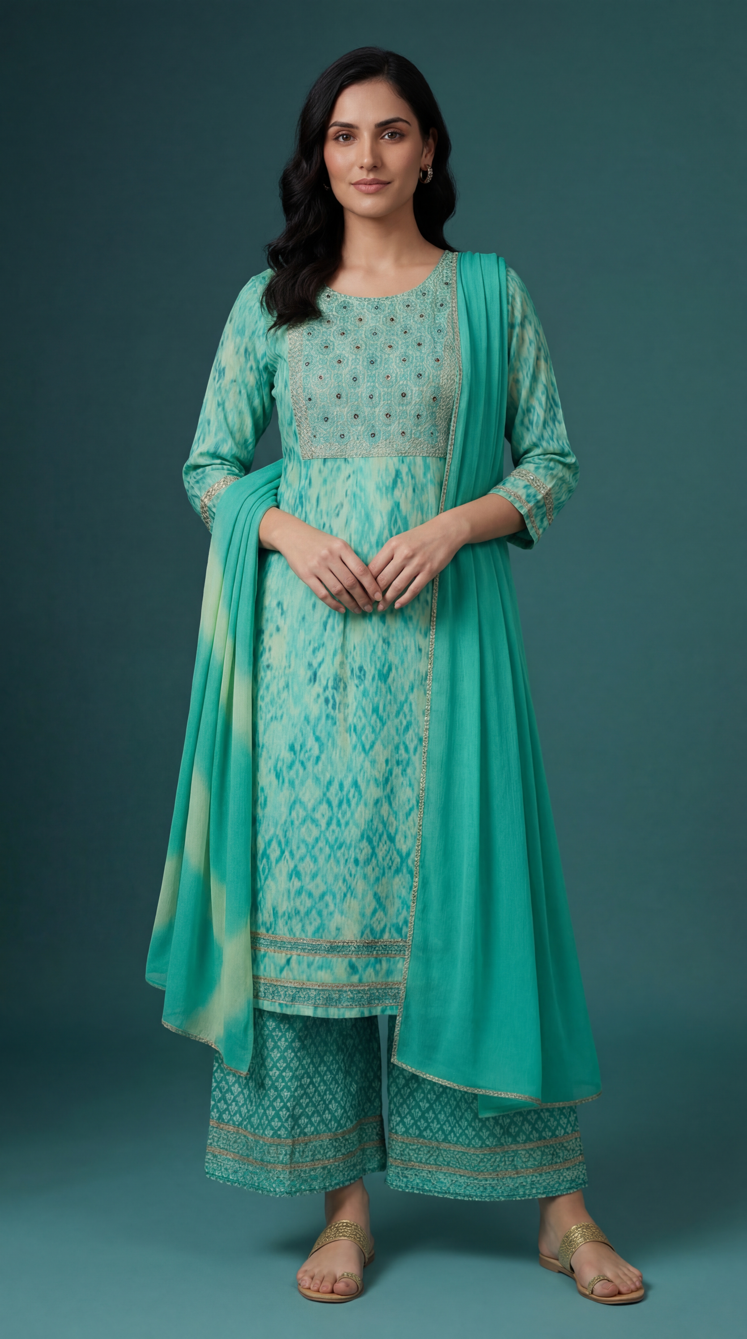 Women's Aqua Green Embroidered Cotton Kurta Sharara Set with Tie-Dye Dupatta