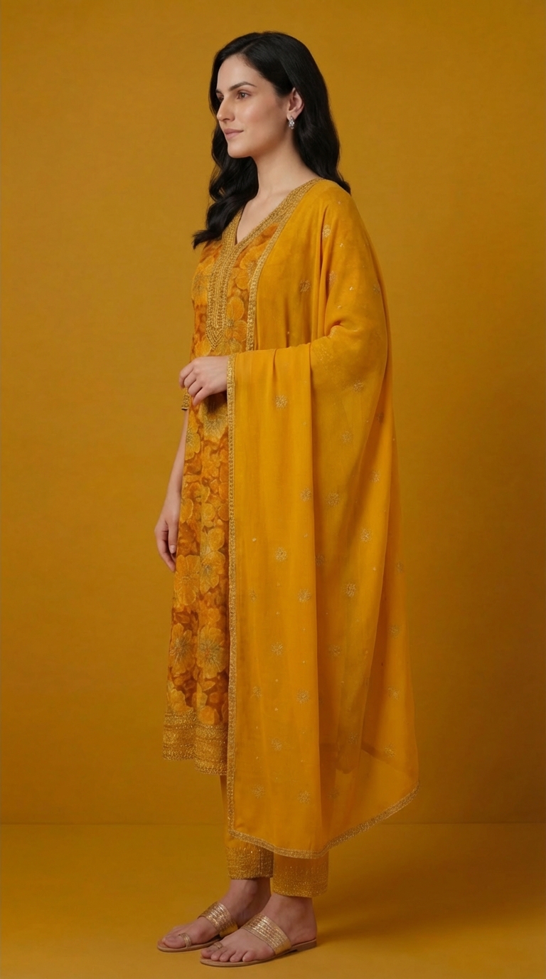Women's Yellow Floral Printed Cotton Kurta Set with Dupatta & Sequin Embellishments