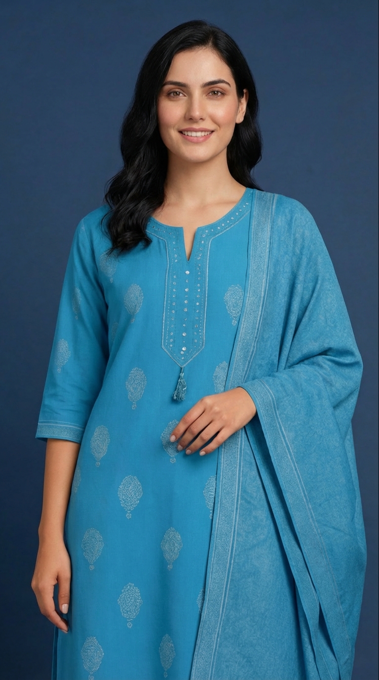 Women's Blue Pure Cotton Kurta Set | Printed Kurti with Tassel Detailing | Salwar & Dupatta | Casual & Office Wear