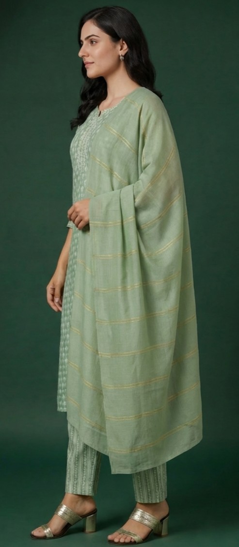 Women's Light Green Cotton Floral Printed Kurta Set with Dupatta