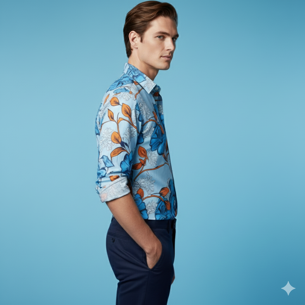 Men’s Blue Printed Cotton Shirt | Regular Fit Casual Shirt for Men