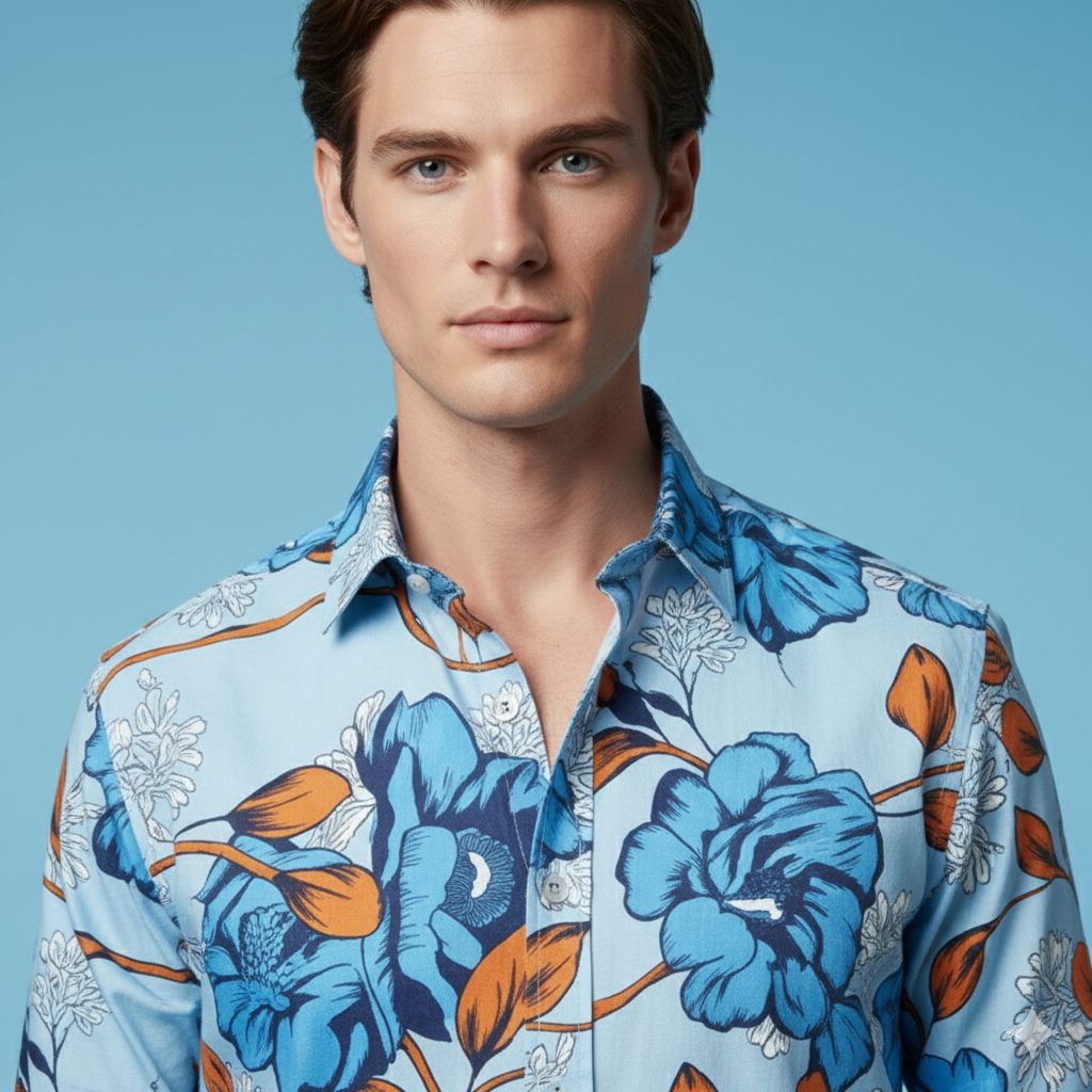 Men’s Blue Printed Cotton Shirt | Regular Fit Casual Shirt for Men