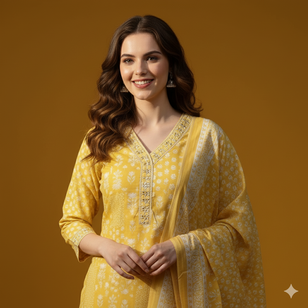 Pure Cotton Yellow Floral Printed Salwar Kurta Dupatta Set | 3-Piece Summer Ethnic Suit for Women