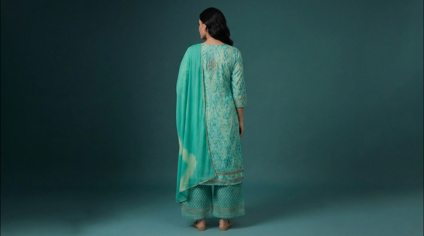 Women's Aqua Green Embroidered Cotton Kurta Sharara Set with Tie-Dye Dupatta