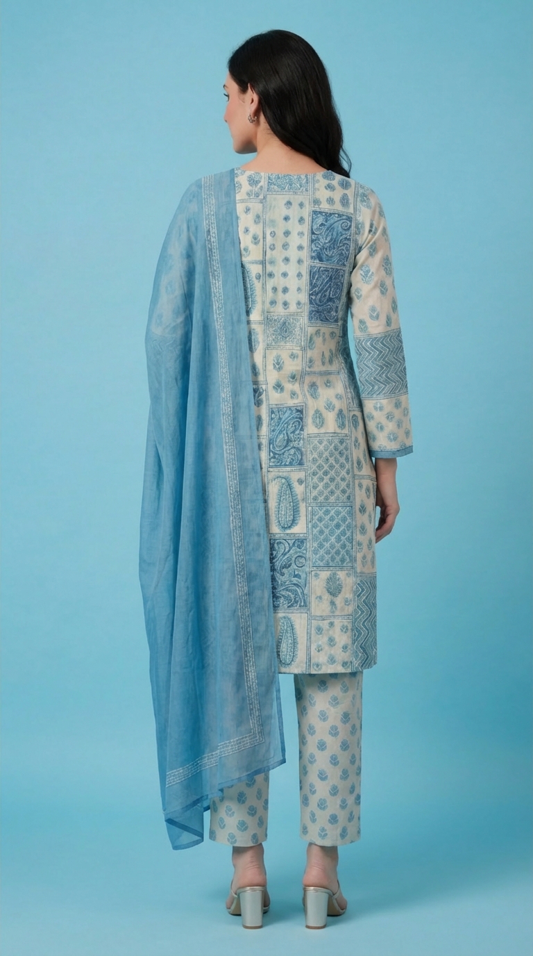 Women's Blue & Grey Cotton Printed Kurta Set with Dupatta and Salwar