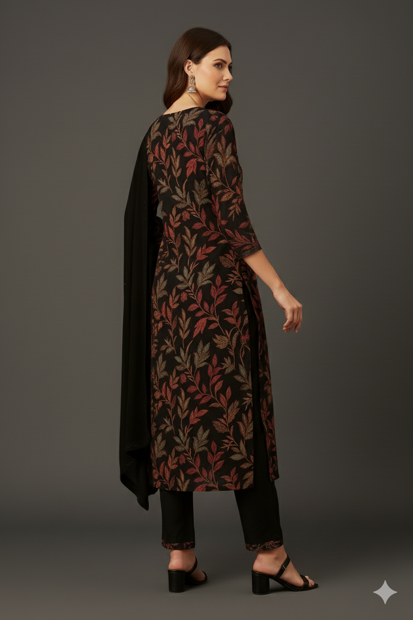 Women's Elegant Black Floral Printed Kurta Set (SKD) with Dupatta | Ethnic Party & Festive Wear