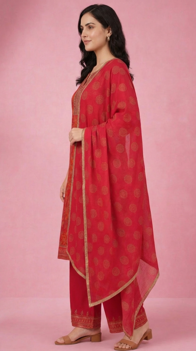 Women's Red Floral Printed Cotton Kurta Set with Palazzo & Embellished Dupatta