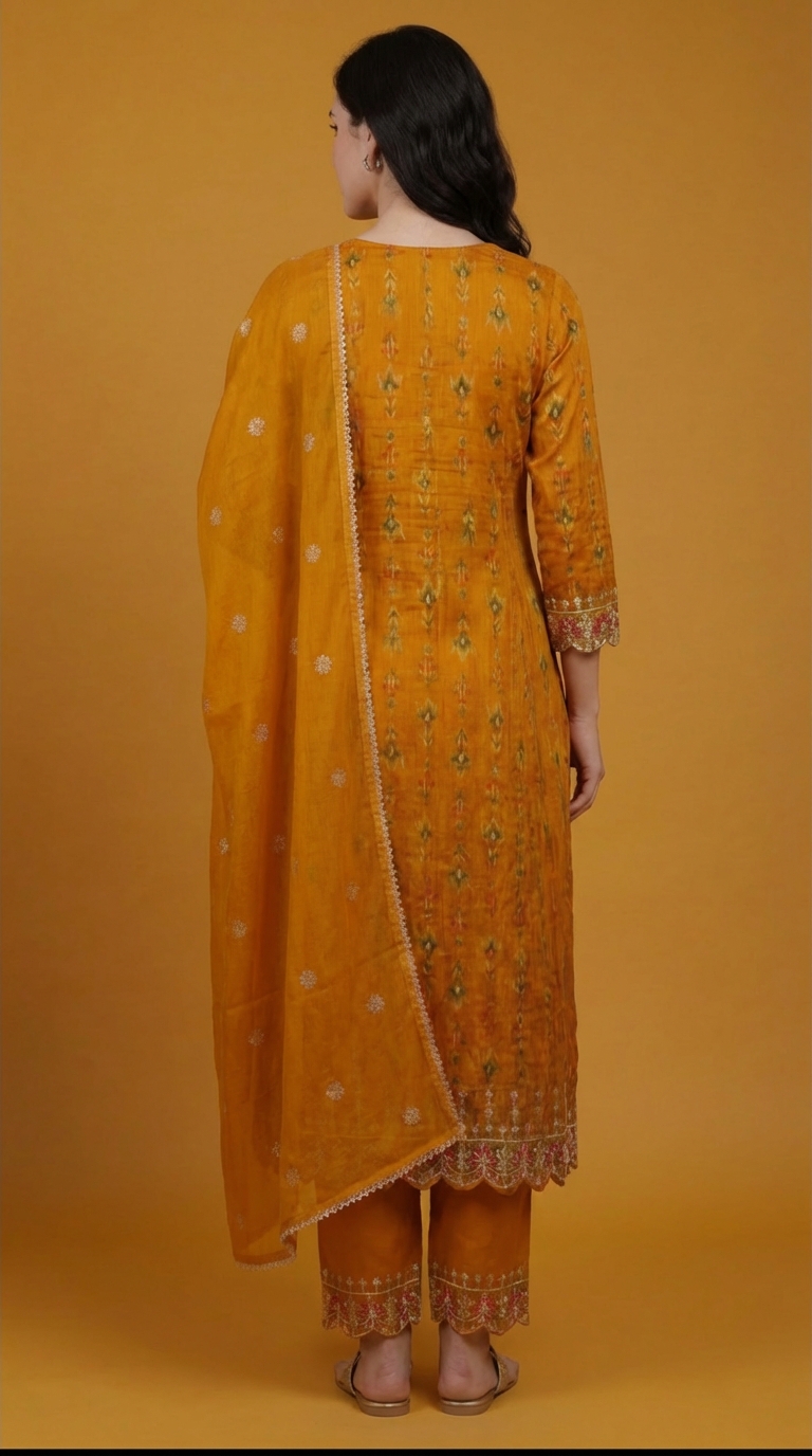 Pure Heavy Chiffon Mustard Floral Printed & Silver Embroidered Kurta Set | 3-Piece Festive Salwar Suit with Dupatta