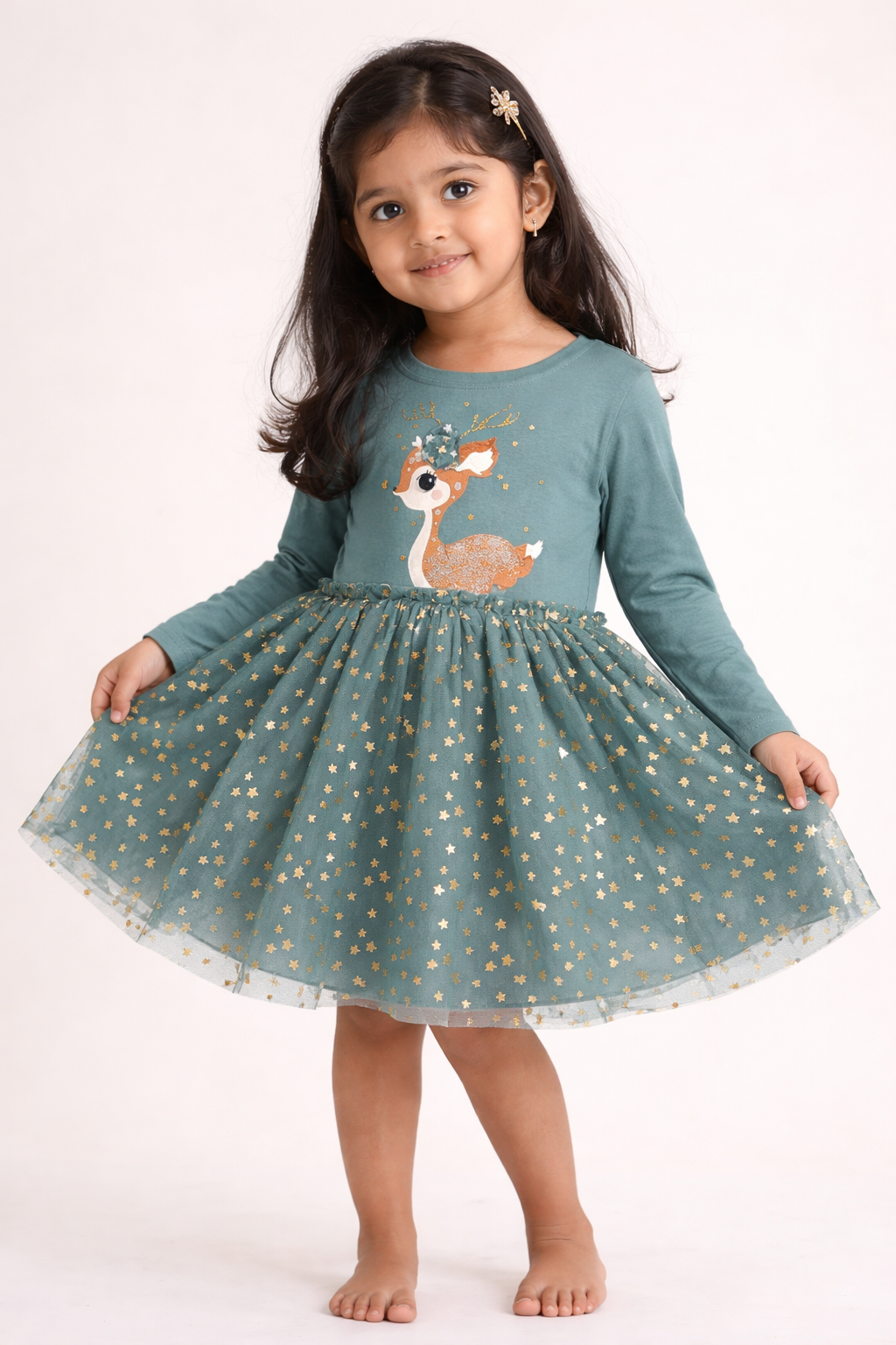 Girls Green Party Wear Frock Dress with Net Skirt