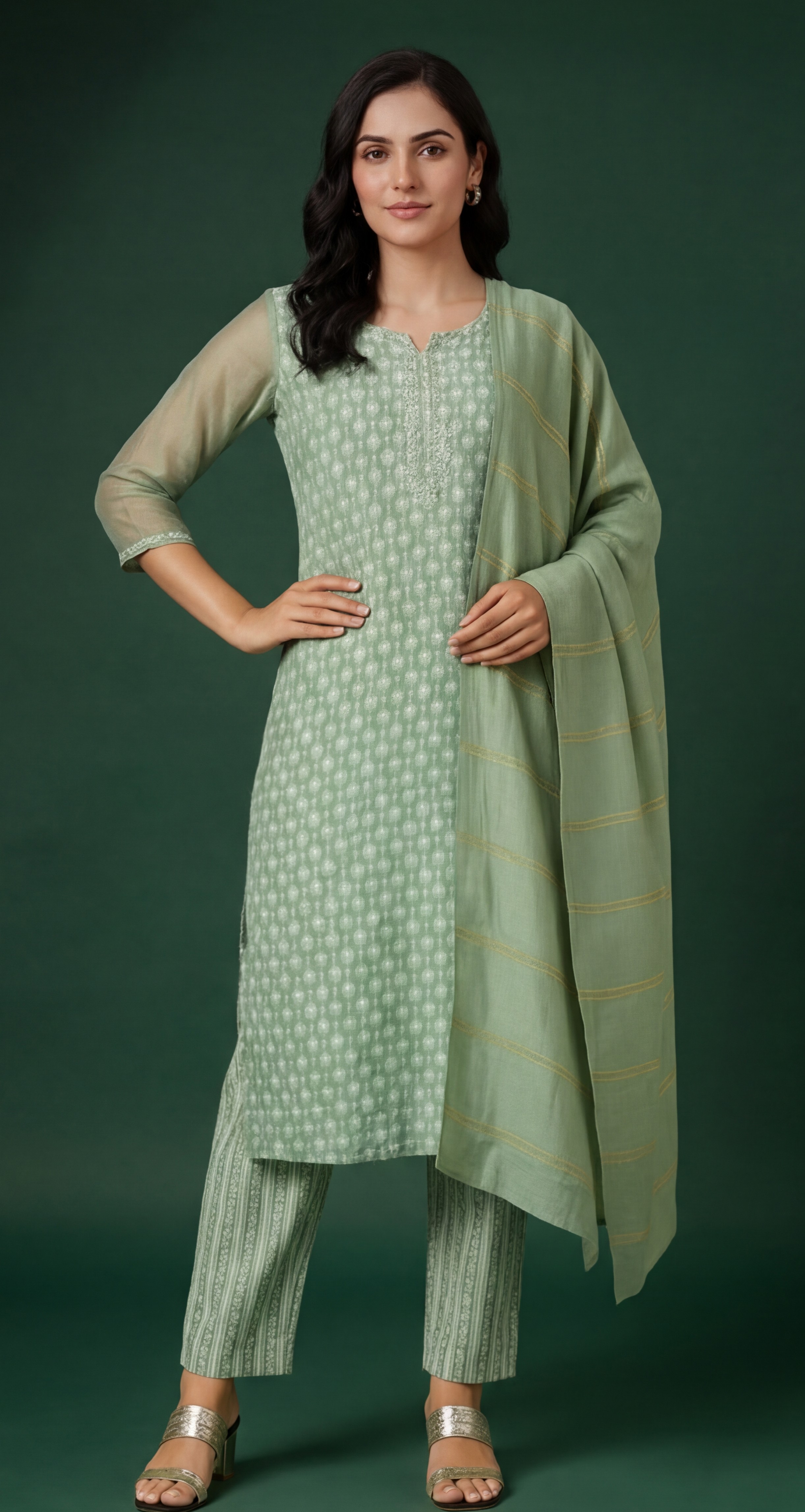 Women's Light Green Cotton Floral Printed Kurta Set with Dupatta
