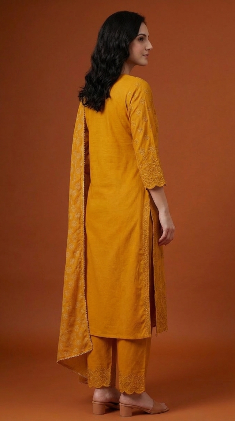 Women's Orange & Gold Embroidered Cotton Kurta Set with Dupatta – Festive & Party Wear