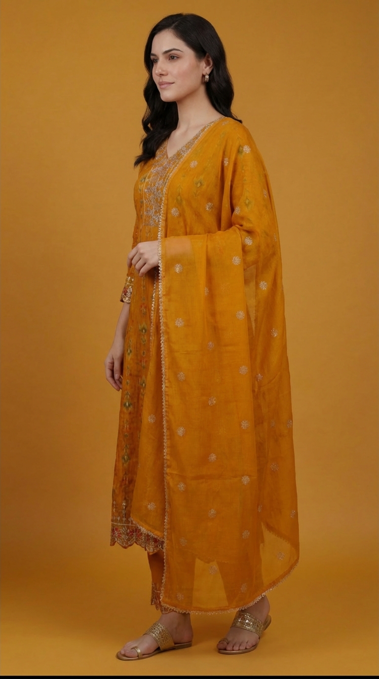 Pure Heavy Chiffon Mustard Floral Printed & Silver Embroidered Kurta Set | 3-Piece Festive Salwar Suit with Dupatta