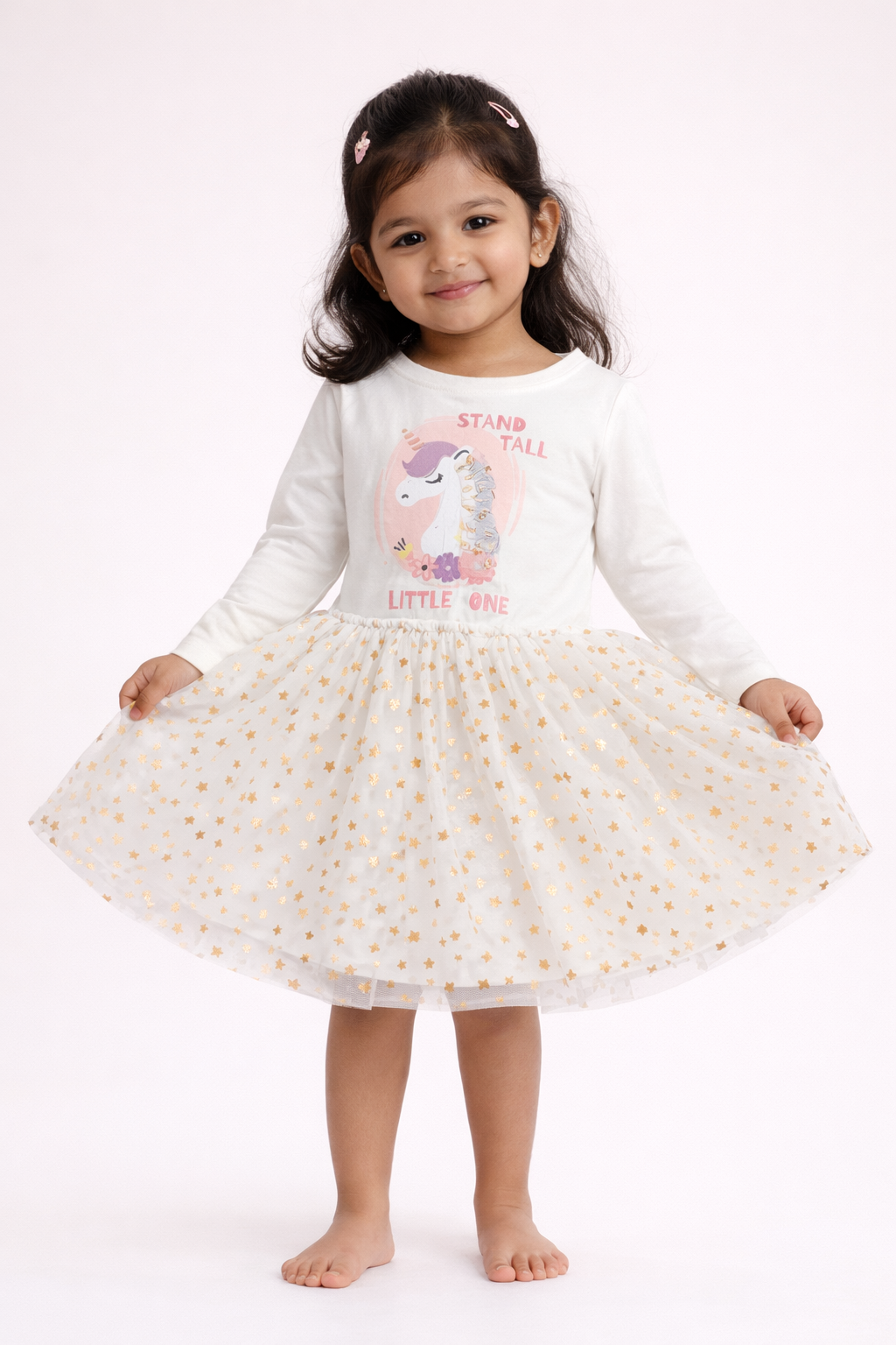Girls White Unicorn Printed Party Dress with Gold Star Net Skirt