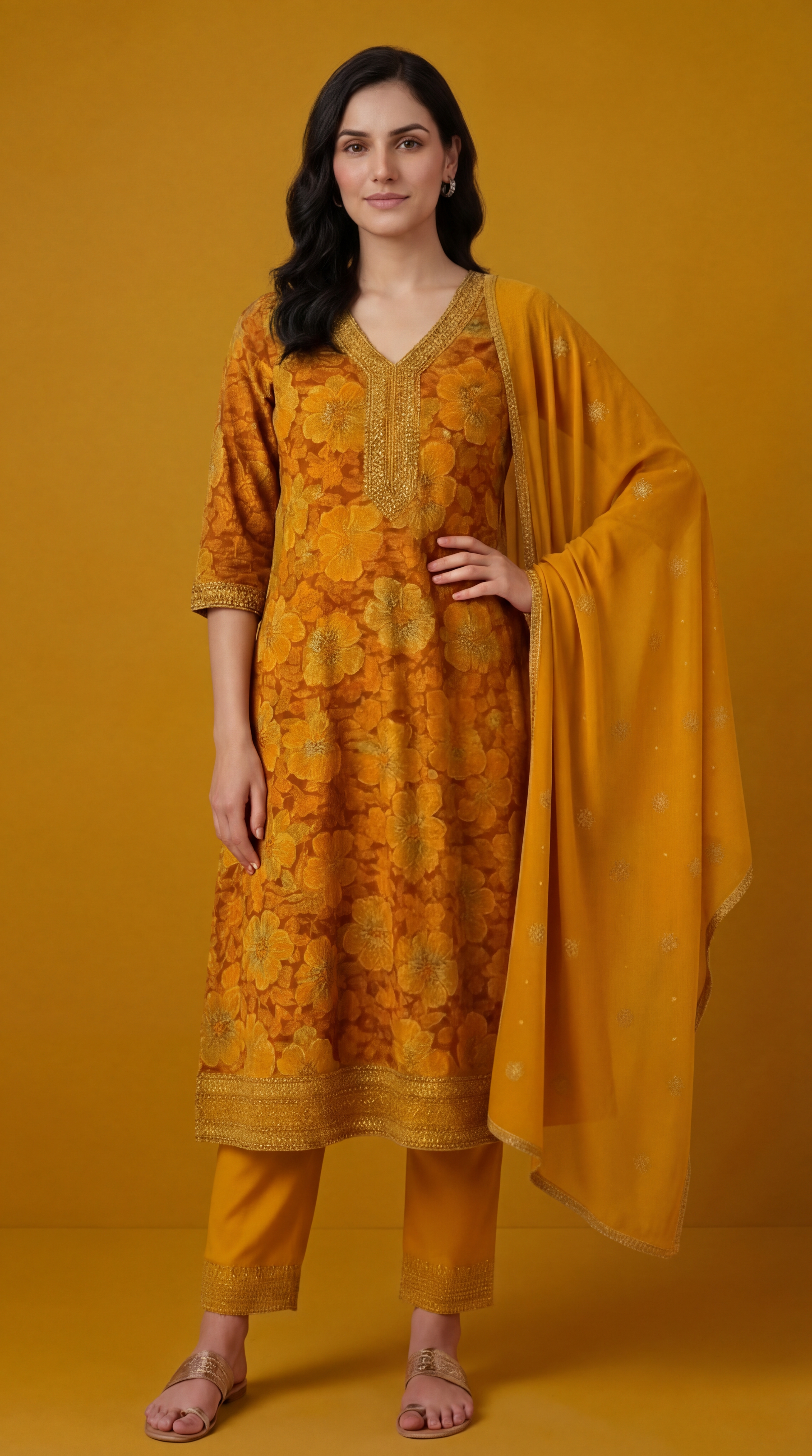 Women's Yellow Floral Printed Cotton Kurta Set with Dupatta & Sequin Embellishments