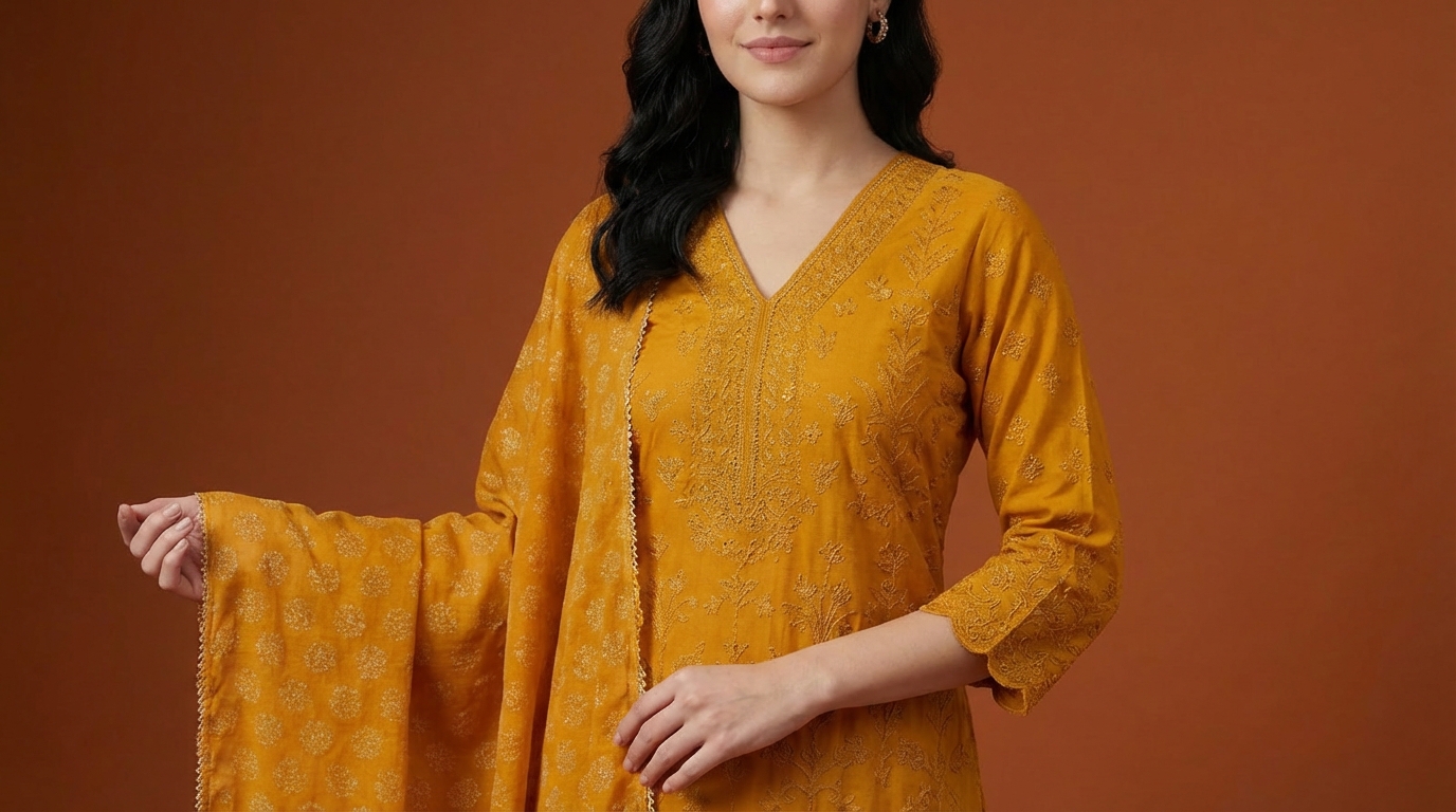 Women's Orange & Gold Embroidered Cotton Kurta Set with Dupatta – Festive & Party Wear