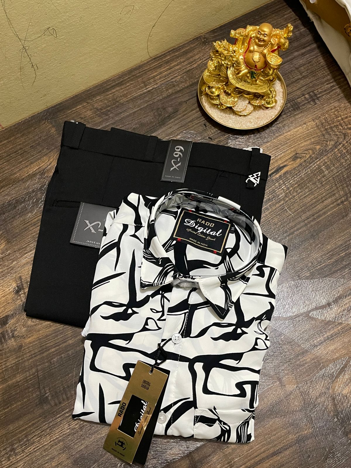 Black & White Designer Printed Shirt + Black Trouser Combo 