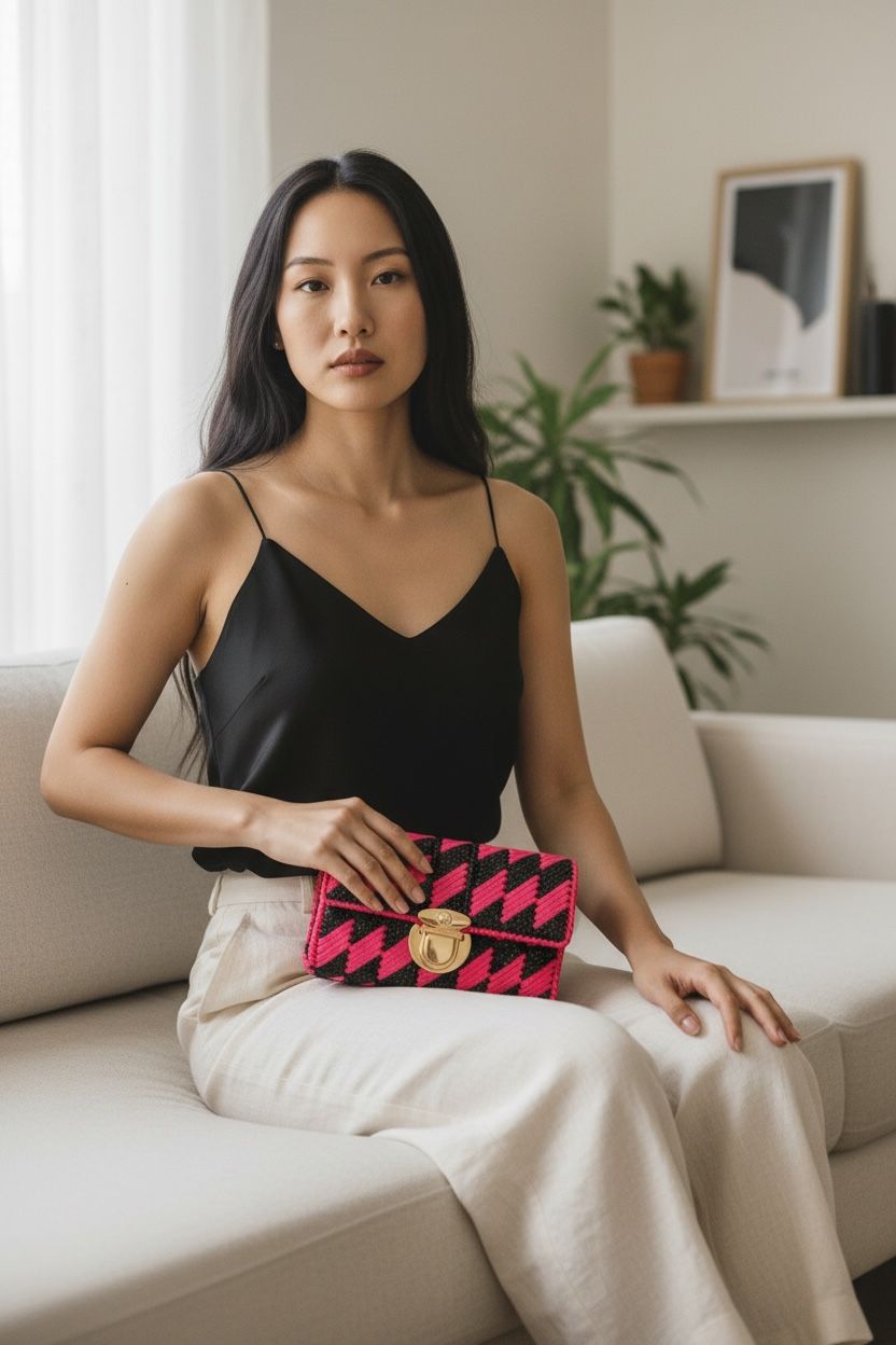 Bolsa Clutch Pink e Preta Geométrica