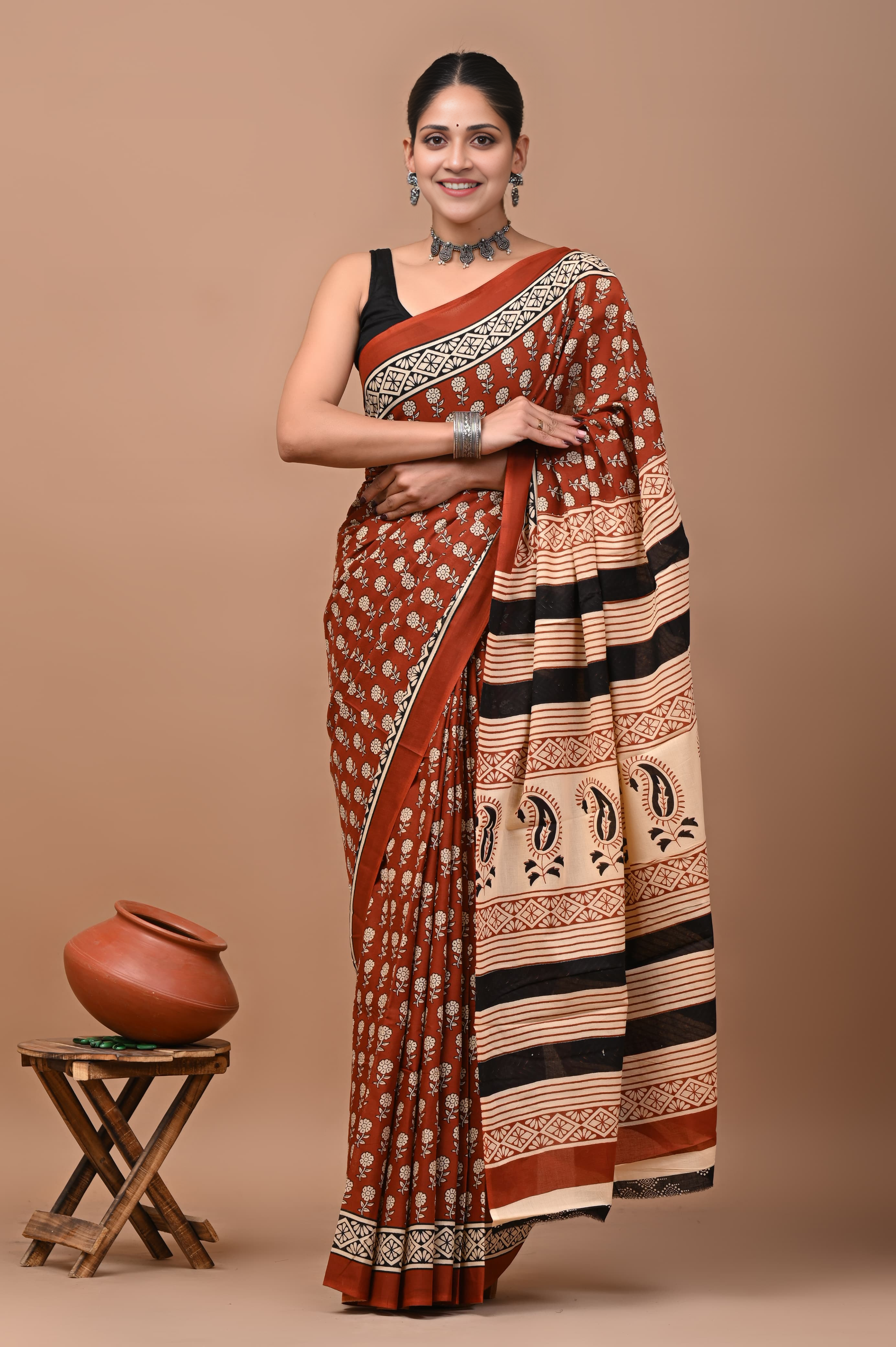 Handcrafted premium cotton Brown Block Print Saree
