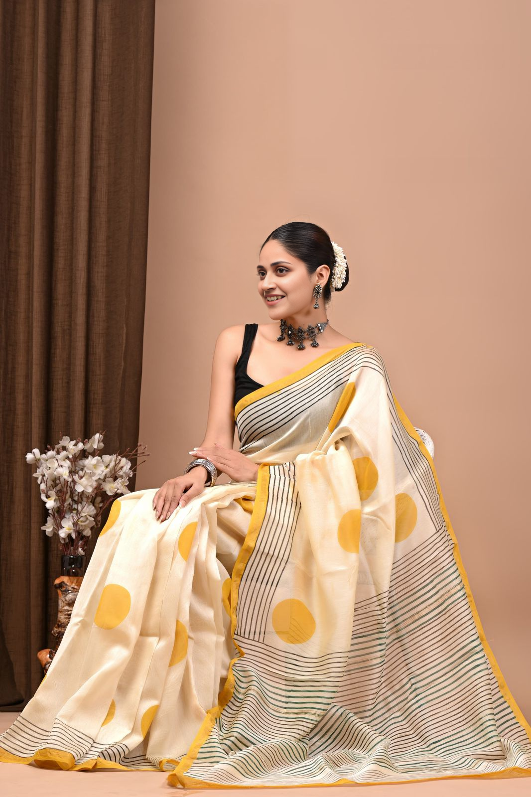 Elegant Cream & Yellow Polka Dot hand block printed chanderi silk  Saree