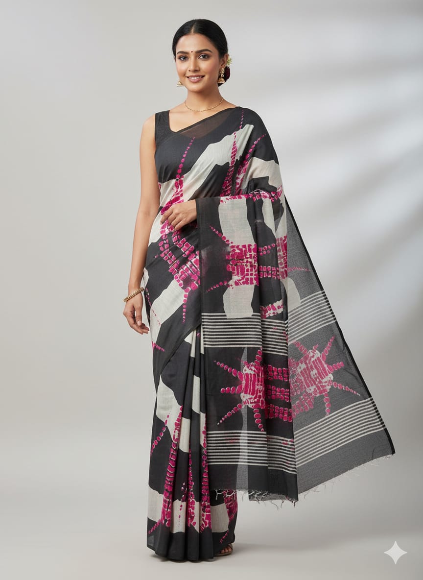 Black Contemporary Printed mulmul cotton Saree