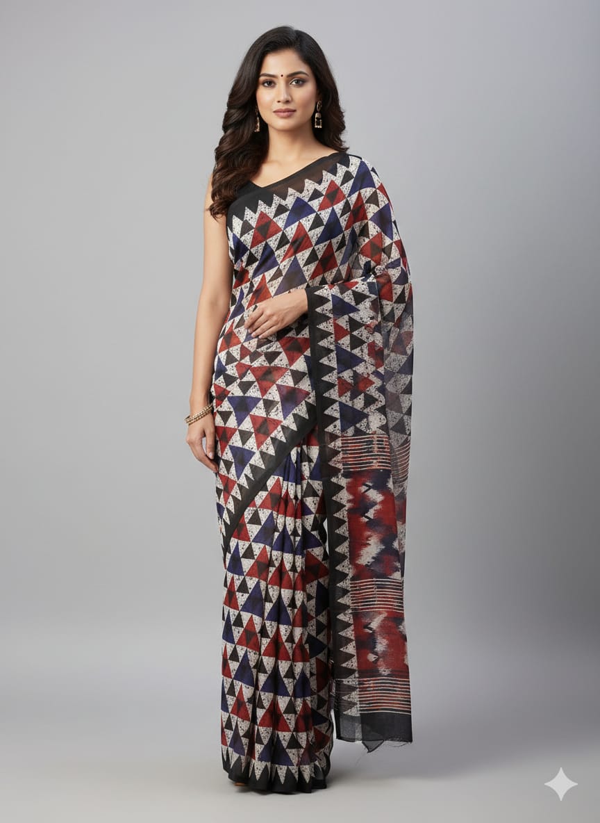 Geometric Printed Saree mulmul cotton