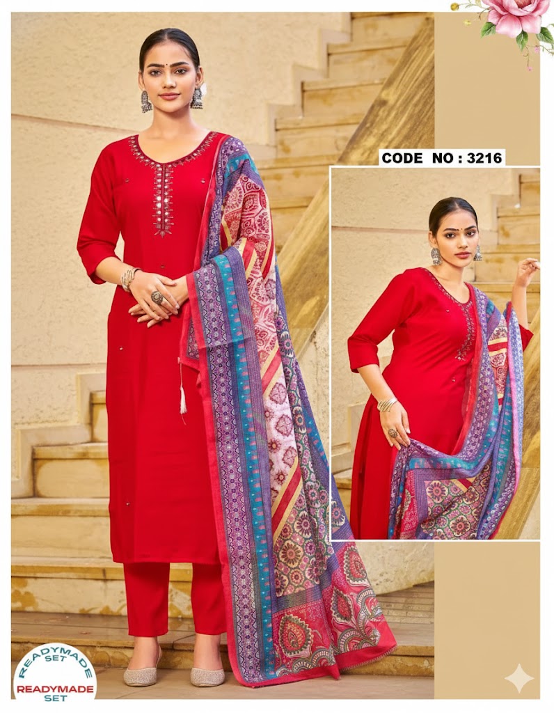 Red Embroidered Silk Kurti Set