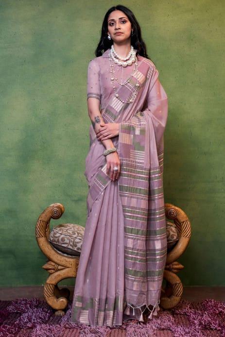 Lavender Ethinc cotton silk zari Saree