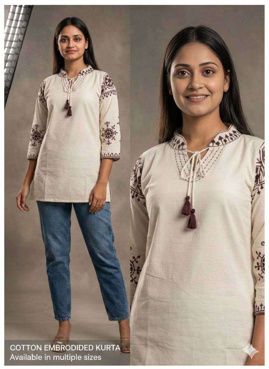 Cotton Embroidered Cotton Short Kurti
