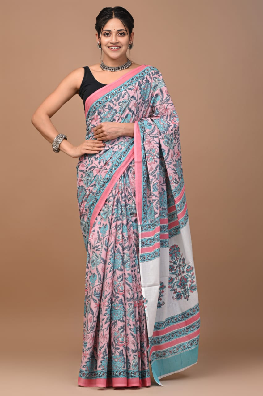 Elegant Floral Print Handcrafted premium cotton Saree