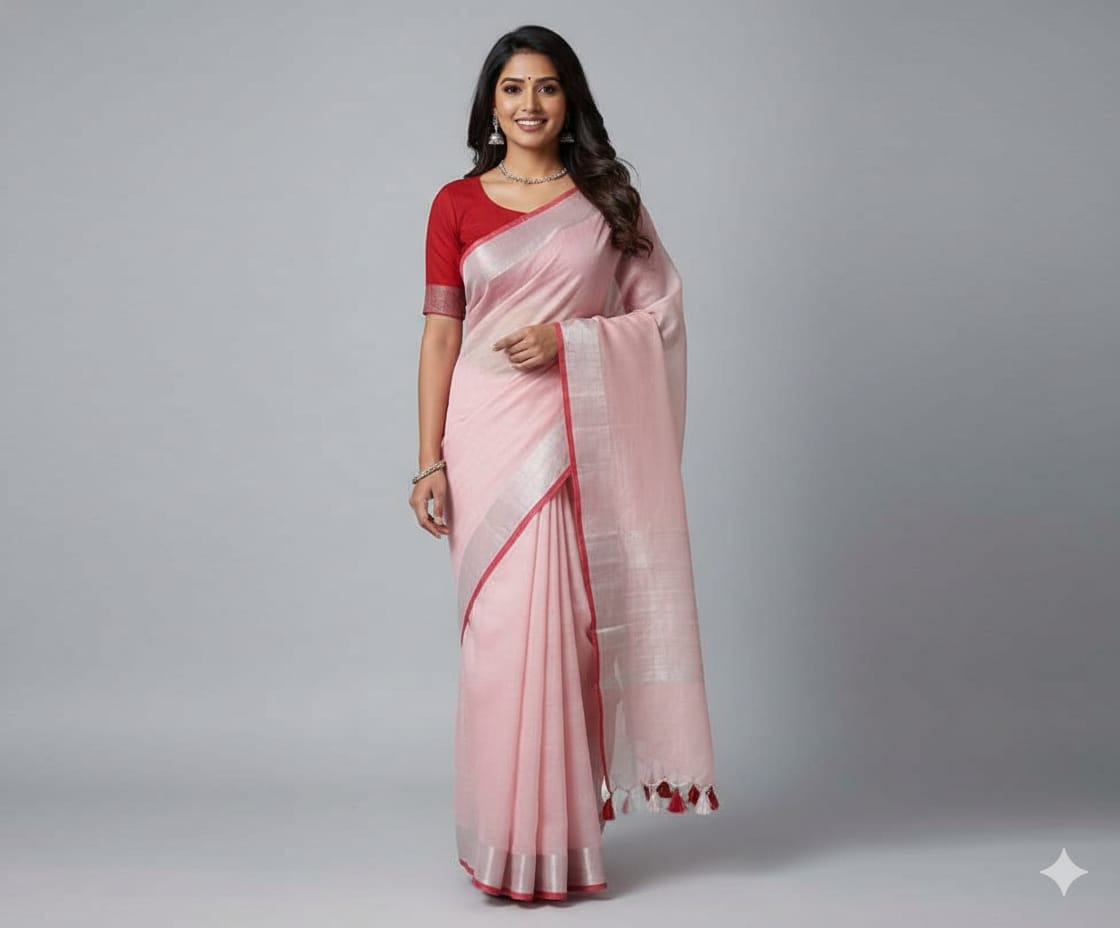 Elegant Light Pink Linen Cotton Saree