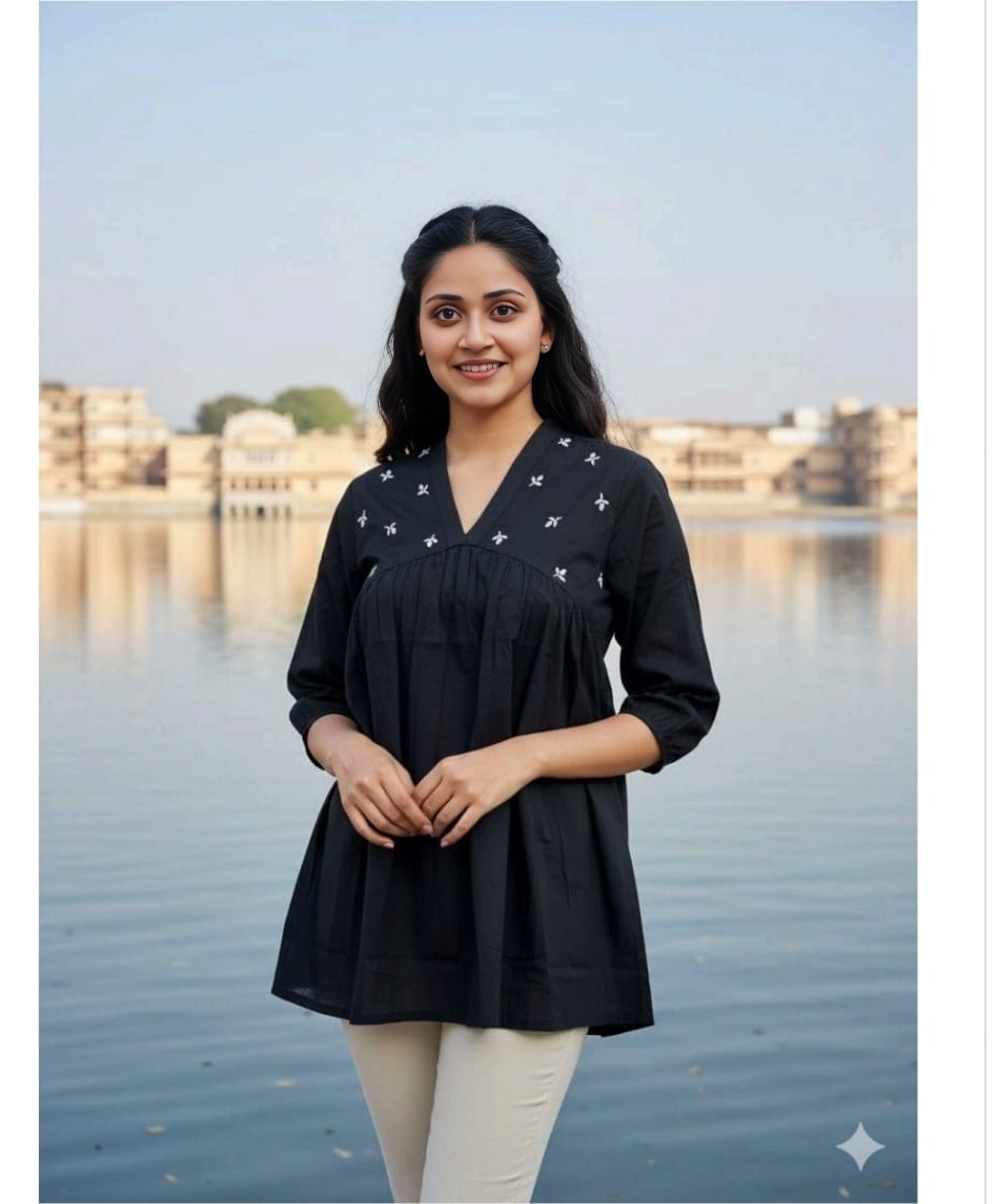 Embroidered Black Cotton Short Kurti