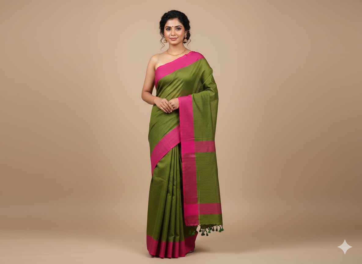 Green Linen Cotton Saree with Pink Border