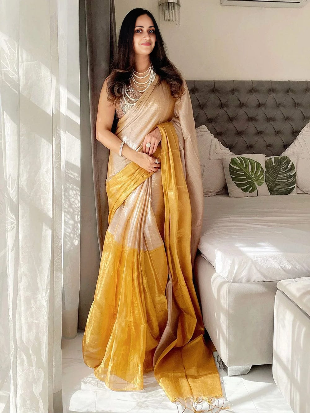 Golden Yellow tissue silk Saree