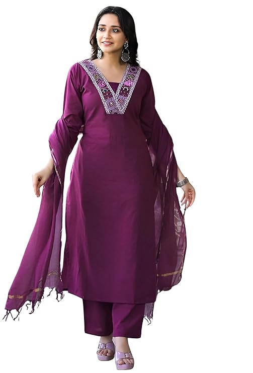 Purple Embroidered Cotton Salwar Suit