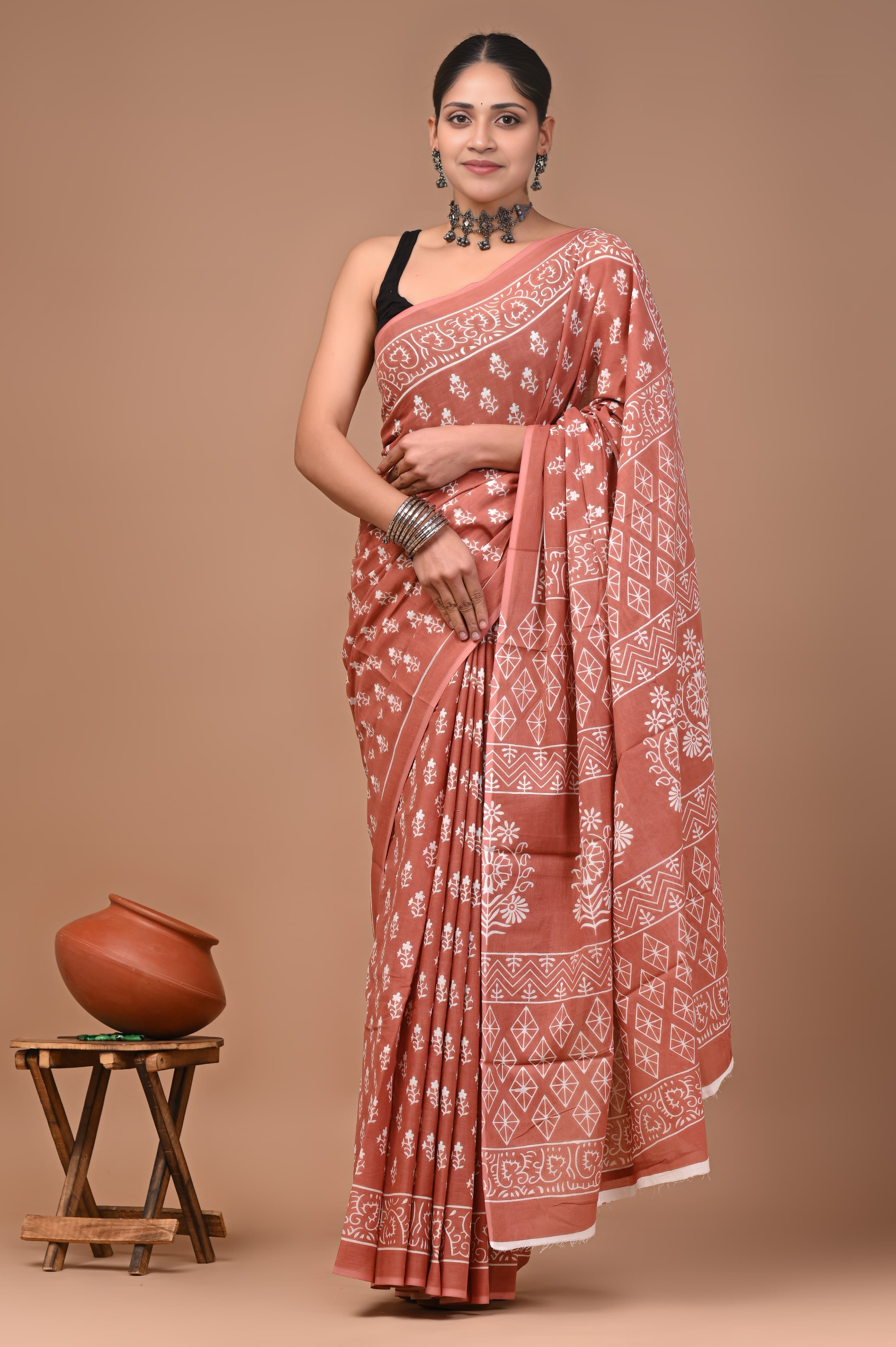 Rust Brown Printed Handcrafted premium cotton Saree