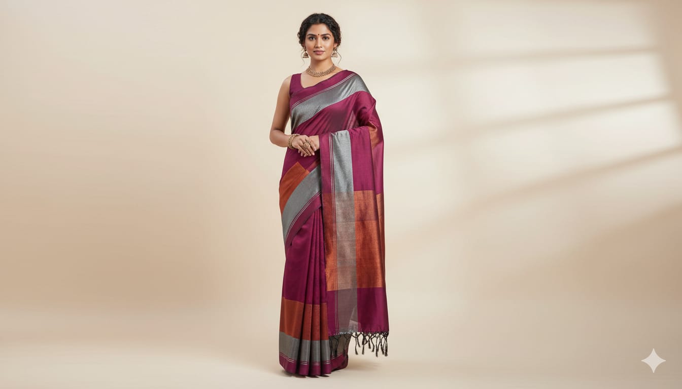 Maroon Striped Linen Cotton Saree