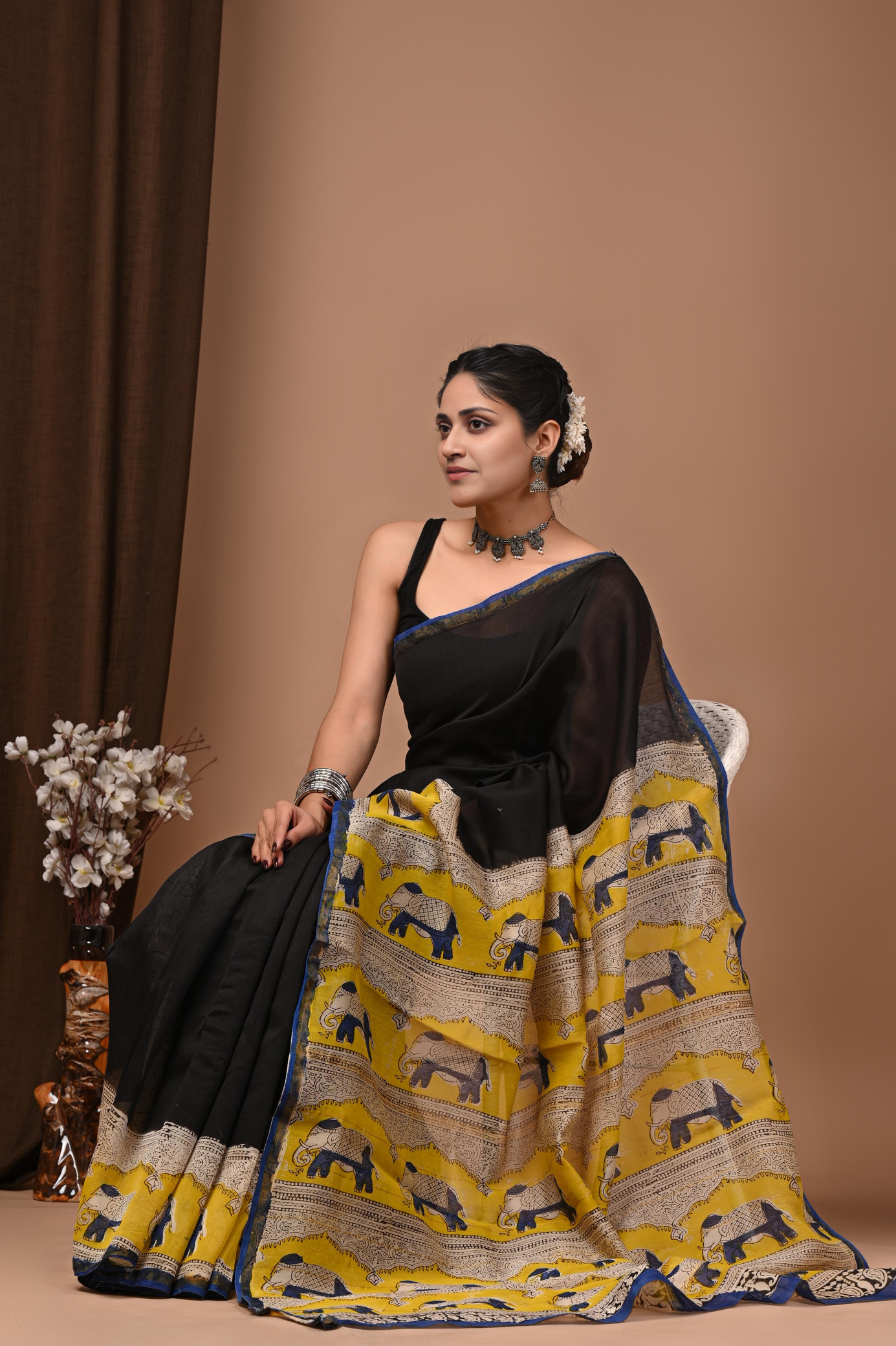 Elegant Black & Yellow Elephant Print Chanderi Silk Saree