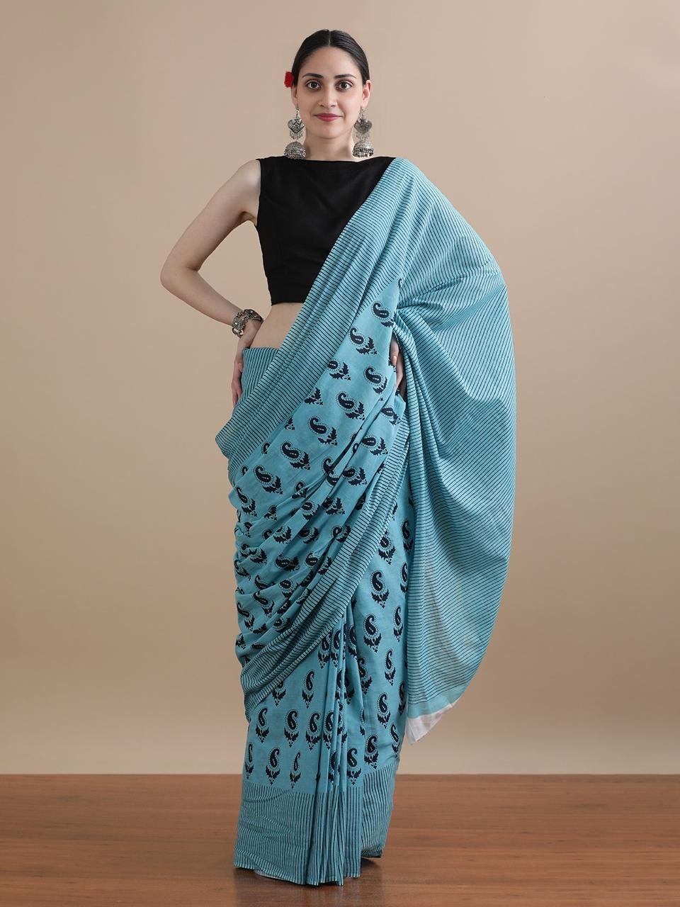 Blue Printed Cotton Saree