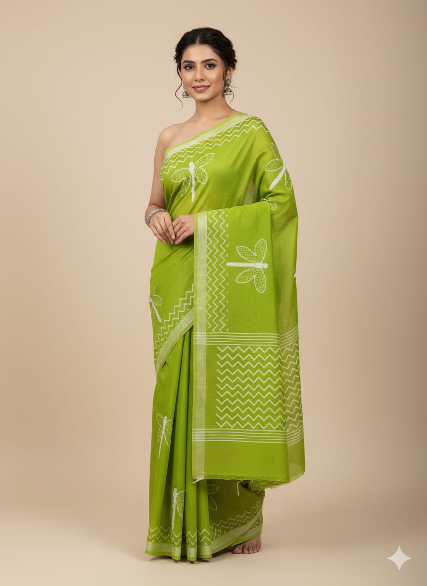 Green Cotton Saree with Dragonfly Motif mulmul cotton
