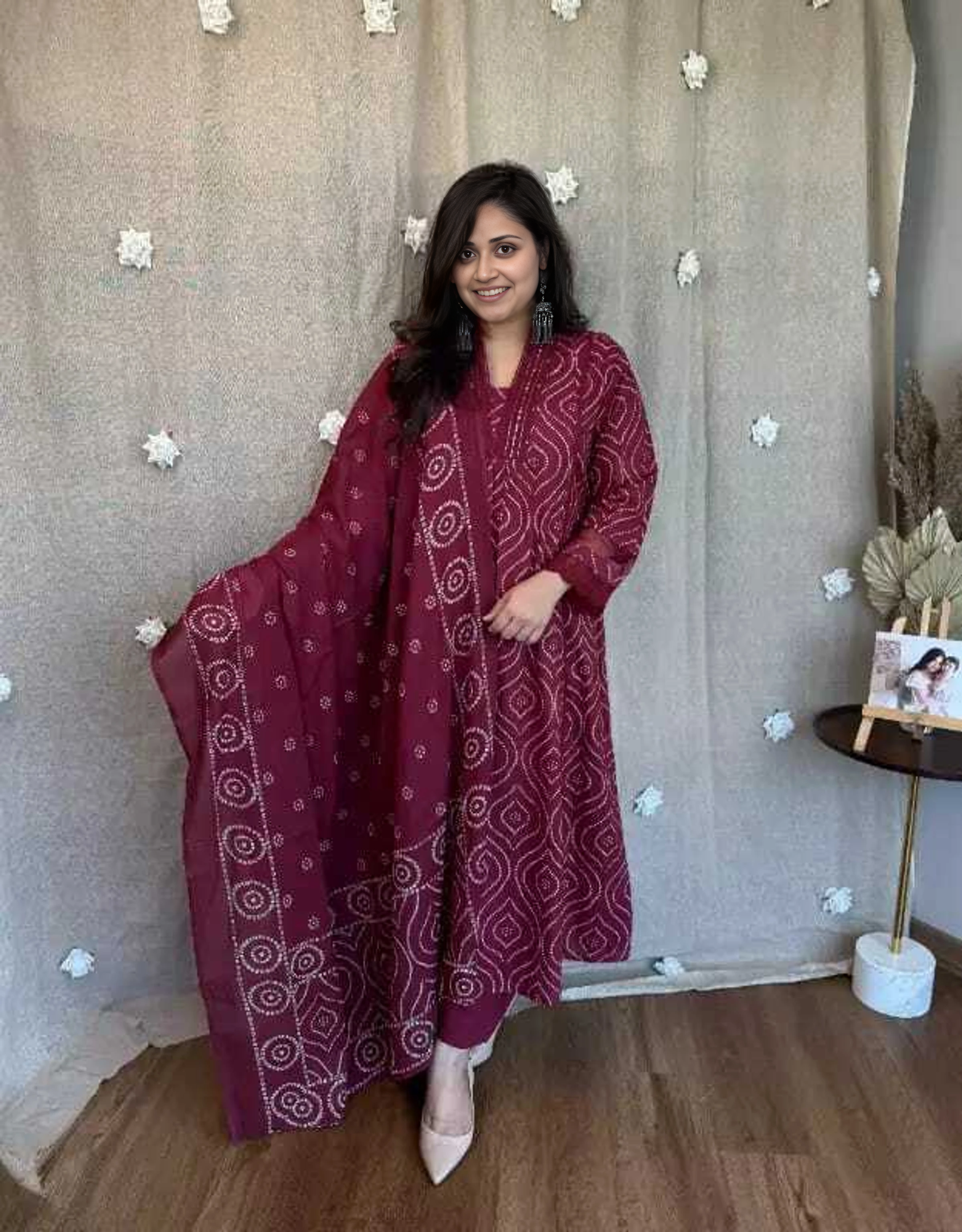 Maroon Printed Cotton Kurta Set