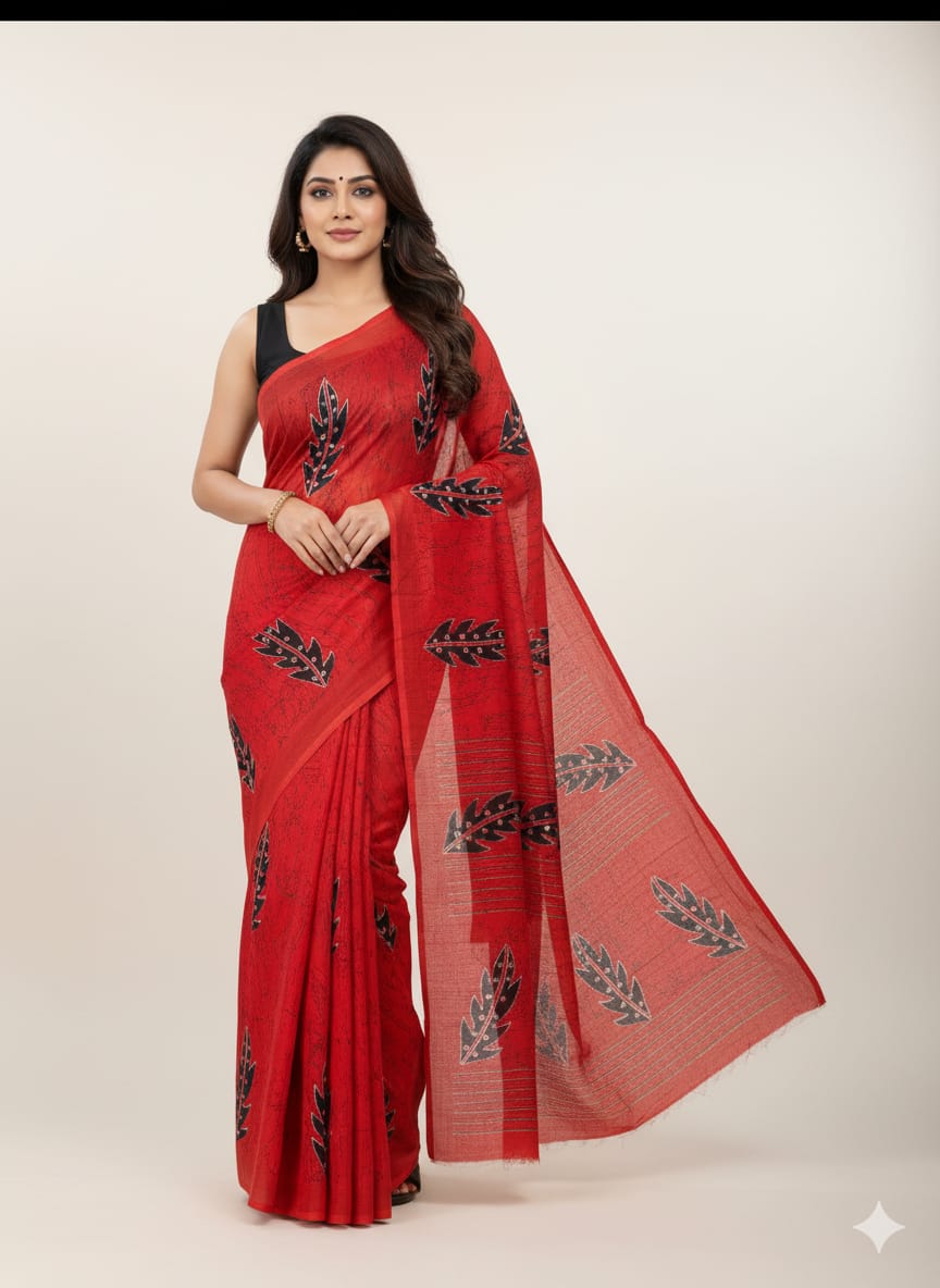 Red Printed  mulmul cotton Saree