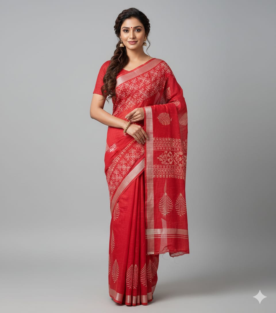 Red Linen Cotton Printed Saree