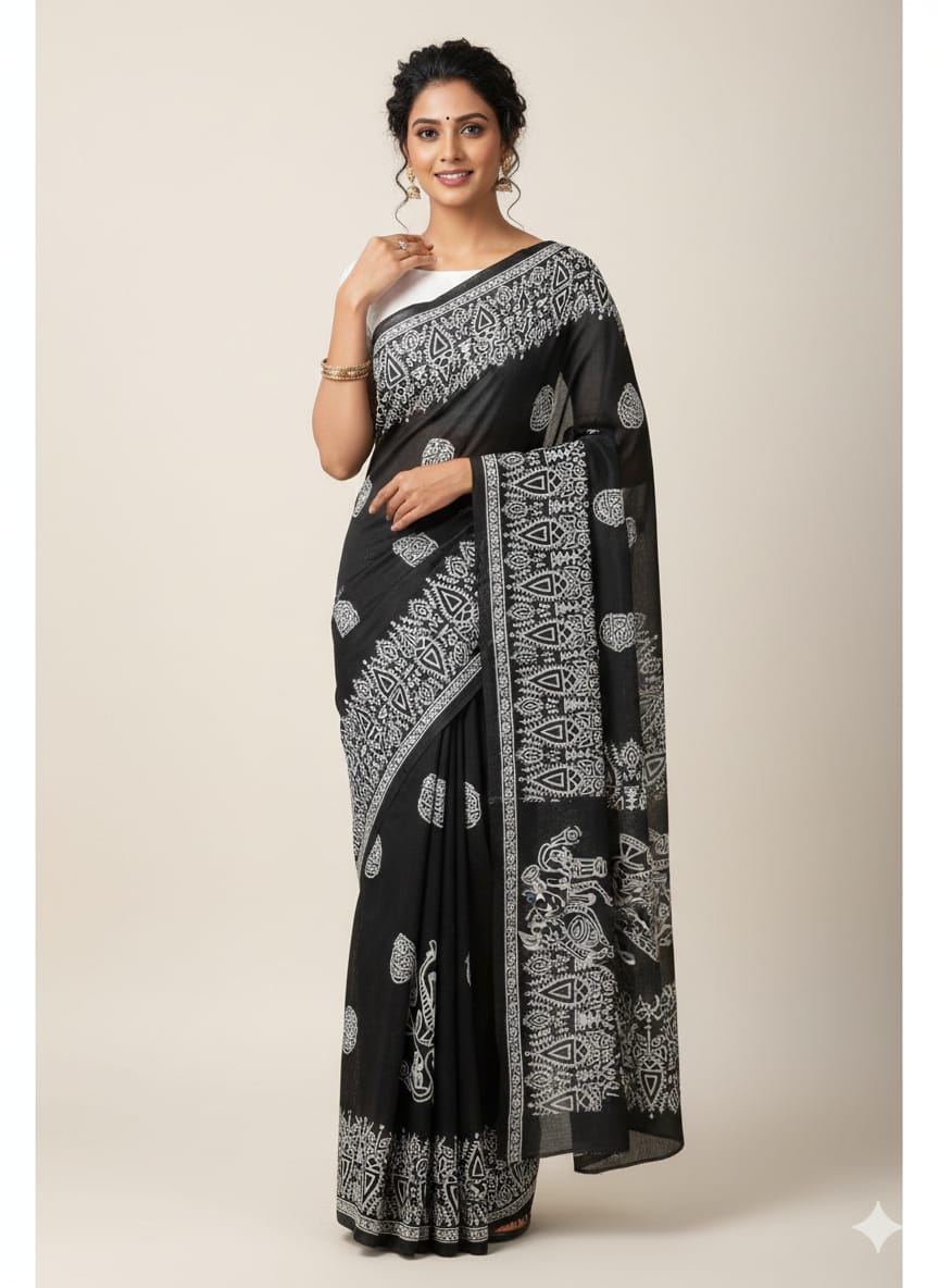 Black Printed mulmul cotton Saree