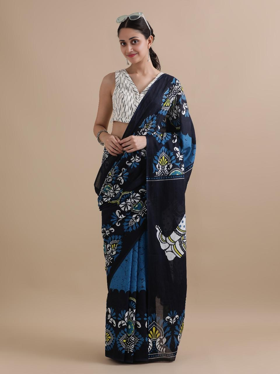 Indigo Blue Printed Cotton Saree