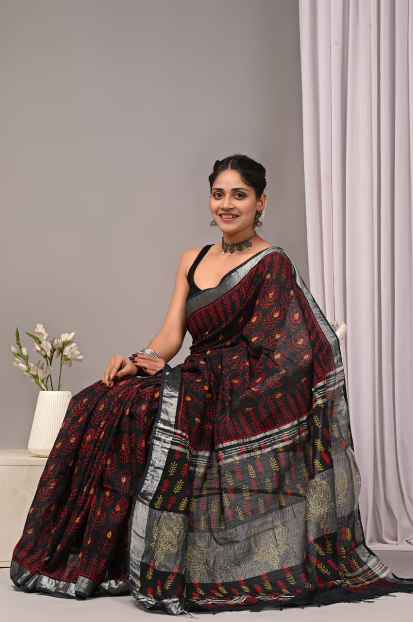 Elegant Black Handloom Linen Saree