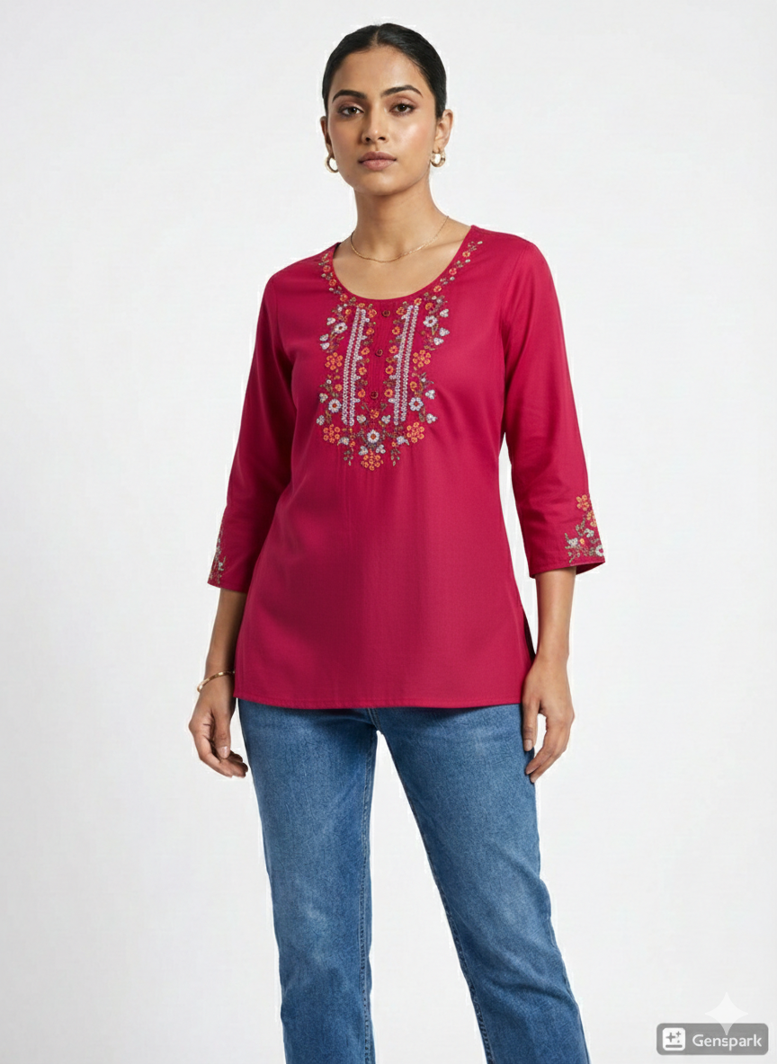 Embroidered Maroon Short cotton Kurti