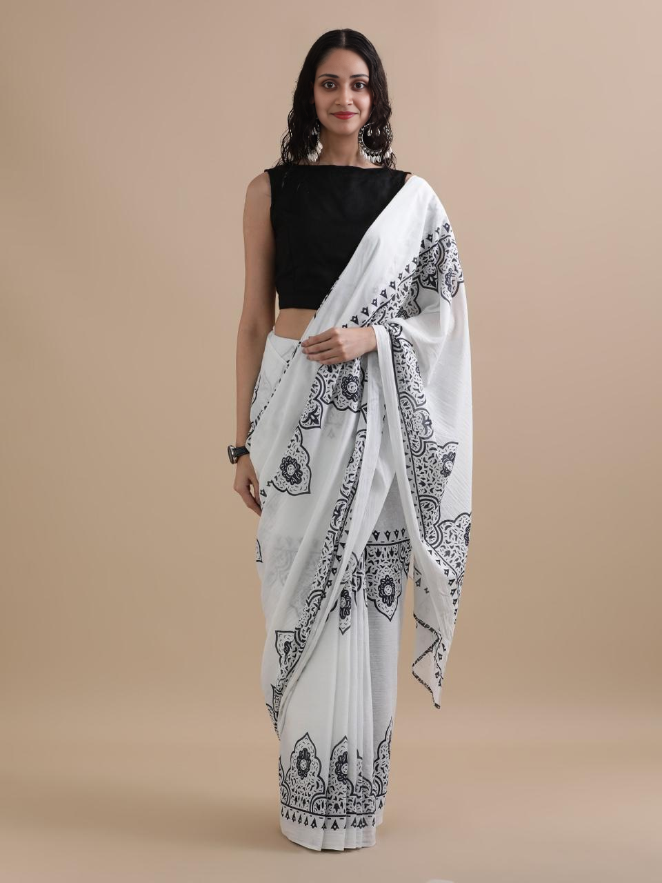 Elegant White & Black Printed Cotton Saree